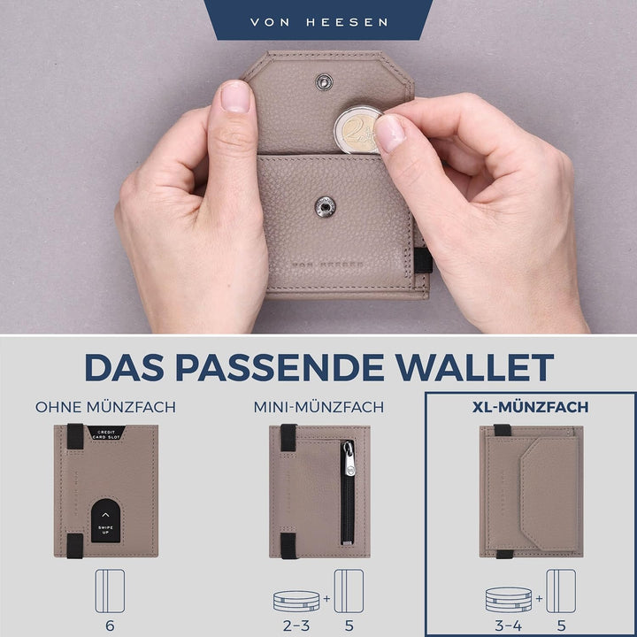 VON HEESEN Slim Wallet mit XL Münzfach & RFID-Schutz - Leder Geldbeutel - Mini Geldbörse für Herren