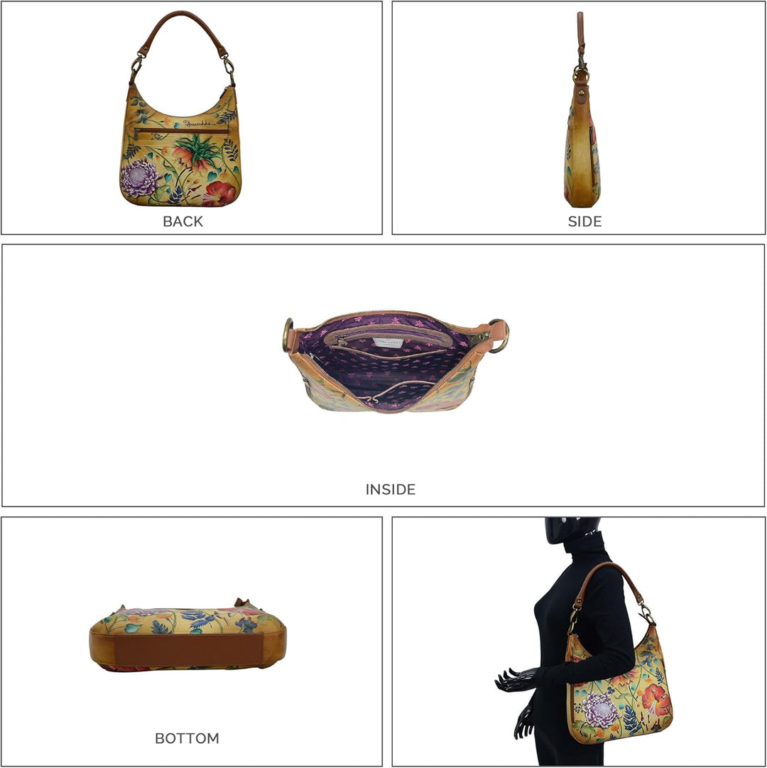 Anuschka Handbemalte Schmale Hobo Tasche, Erweiterbar, mit Crossbody Riemen Caribbean Garden, Caribb