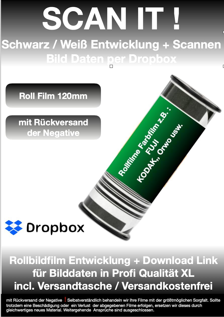 100ASA B+W Rollfilm 120mm + Filmentwicklung + Scann mit Rückversand der Negative