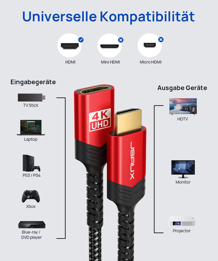 JSAUX HDMI Verlängerungskabel 3M 4K@60 Hz 2K@144Hz HDR High Speed HDMI 2.0 Stecker auf Buchse unters