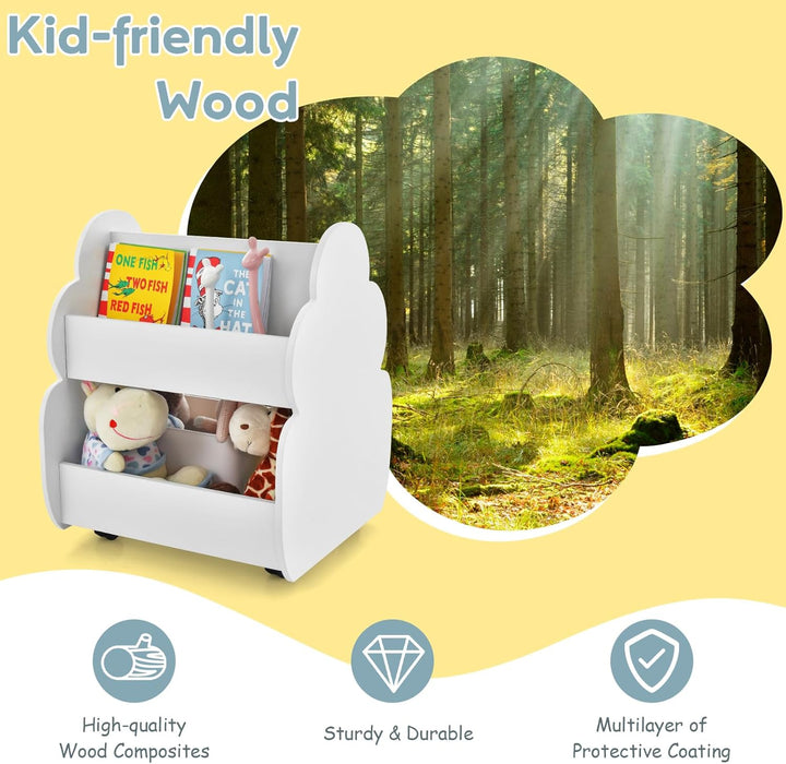 HOMASIS Kinder Bücherregal Spielzeugregal mit 2 Fächern, Holz Kinderregal Standregal mit 4 Rädern, n