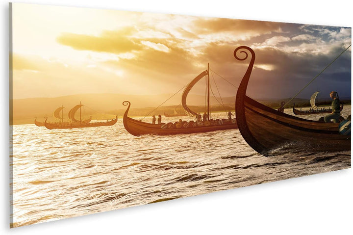 Bild auf Leinwand Wikinger Schiffe Auf Dem Wasser Unter Dem Sonnenlicht Und Dunklen Sturm Invasion I