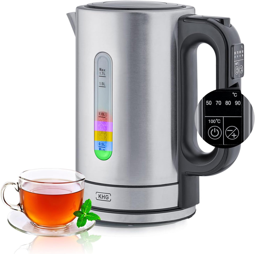 KHG Wasserkocher WK-1703 ES Edelstahl, 1,7 Liter, 5 Temperaturstufen 50-100°C, Kalkfilter, Wassersta
