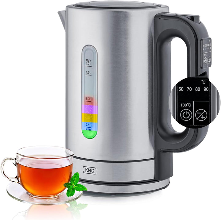 KHG Wasserkocher WK-1703 ES Edelstahl, 1,7 Liter, 5 Temperaturstufen 50-100°C, Kalkfilter, Wassersta