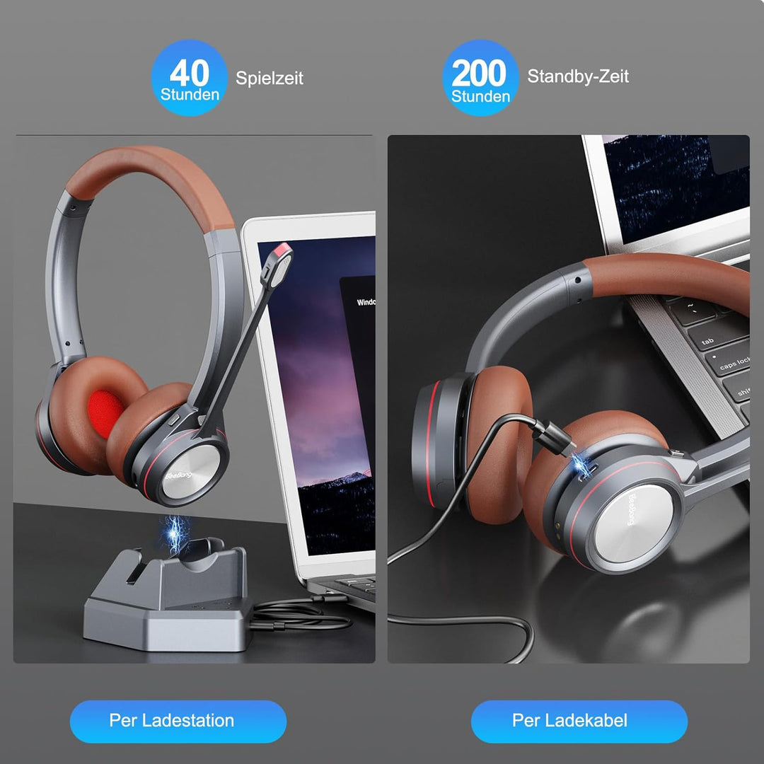 Bluetooth Headset mit Mikrofon, Wireless Headset mit Ladestation & USB Dongle für PC, 40 Stunden Spr