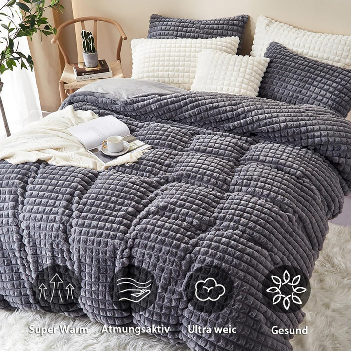 Tospass Plüsch Bettwäsche 200x200 cm 3 Teilig Winter Kaninchenfell Samt Bettwäsche Fleece Biber Grau