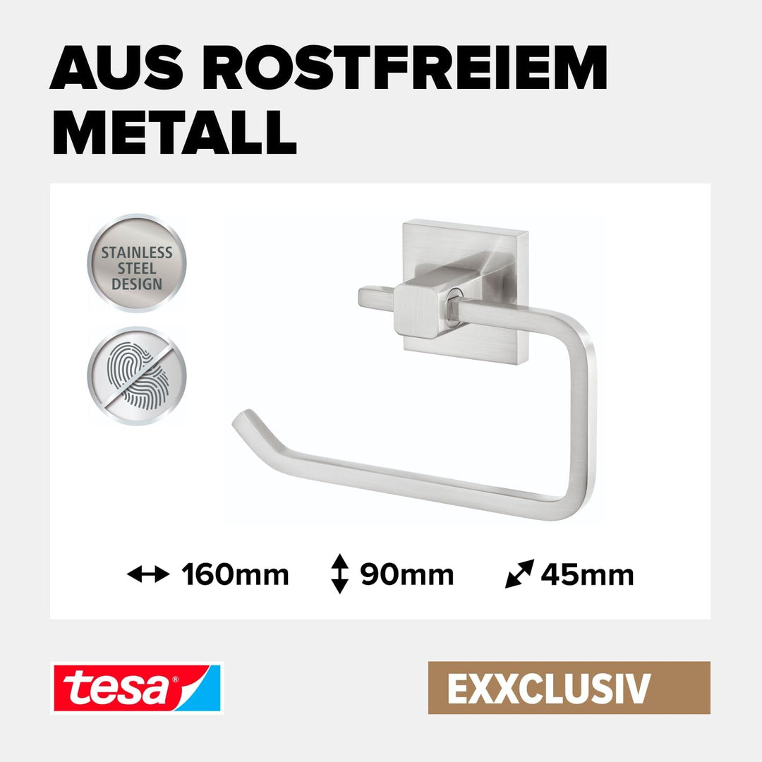 tesa EXXCLUSIV Toilettenpapierhalter ohne Deckel, verchromt - zur Wandbefestigung ohne Bohren, inkl.