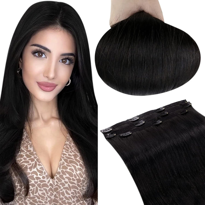 RUNATURE Haarverlängerung Echthaar Clip Schwarz 45cm 3 Stück Naturliches Haar Extensions Seamless #1