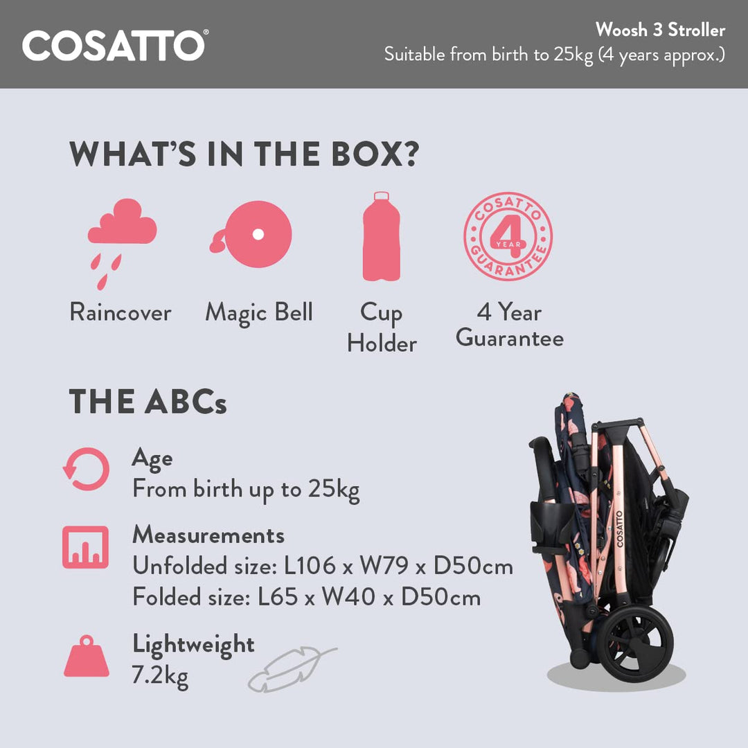 COSATTO Woosh 3 - Leichter Kinderwagen ab Geburt bis 25kg.Einfaches Zusammenklappen mit 1 Hand,kompa