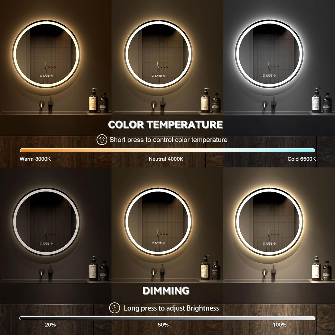 Dripex Badspiegel mit Beleuchtung Rund Led Spiegel mit Uhr und Touch-Schalter, Dimmbar, Beschlagfrei