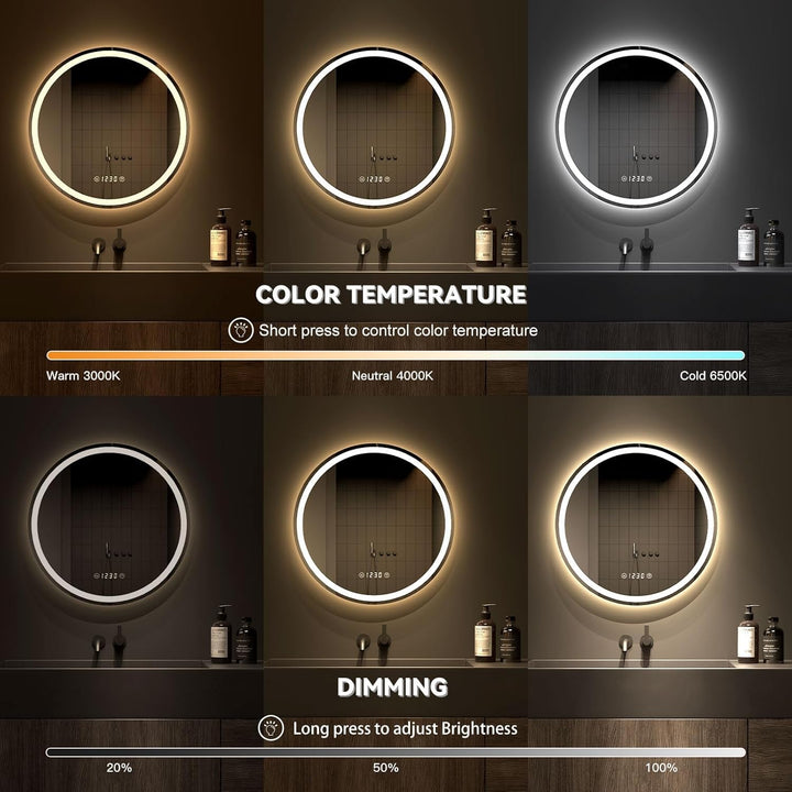 Dripex Badspiegel mit Beleuchtung Rund Led Spiegel mit Uhr und Touch-Schalter, Dimmbar, Beschlagfrei