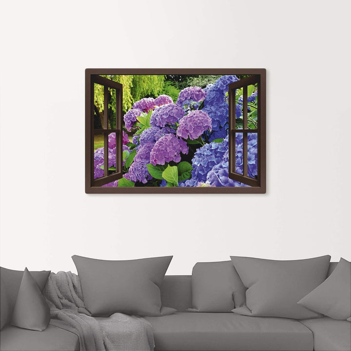 ARTland Leinwandbilder Wandbild Bild auf Leinwand 70x50 cm Fensterblick Hortensien im Garten T5QA Ho