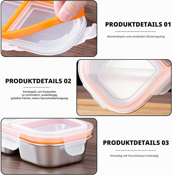 Snackbox Edelstahl 2 Stück mit 3 Fächern 600ml – Auslaufsichere Bento Box Metall mit Deckel, Brotdos
