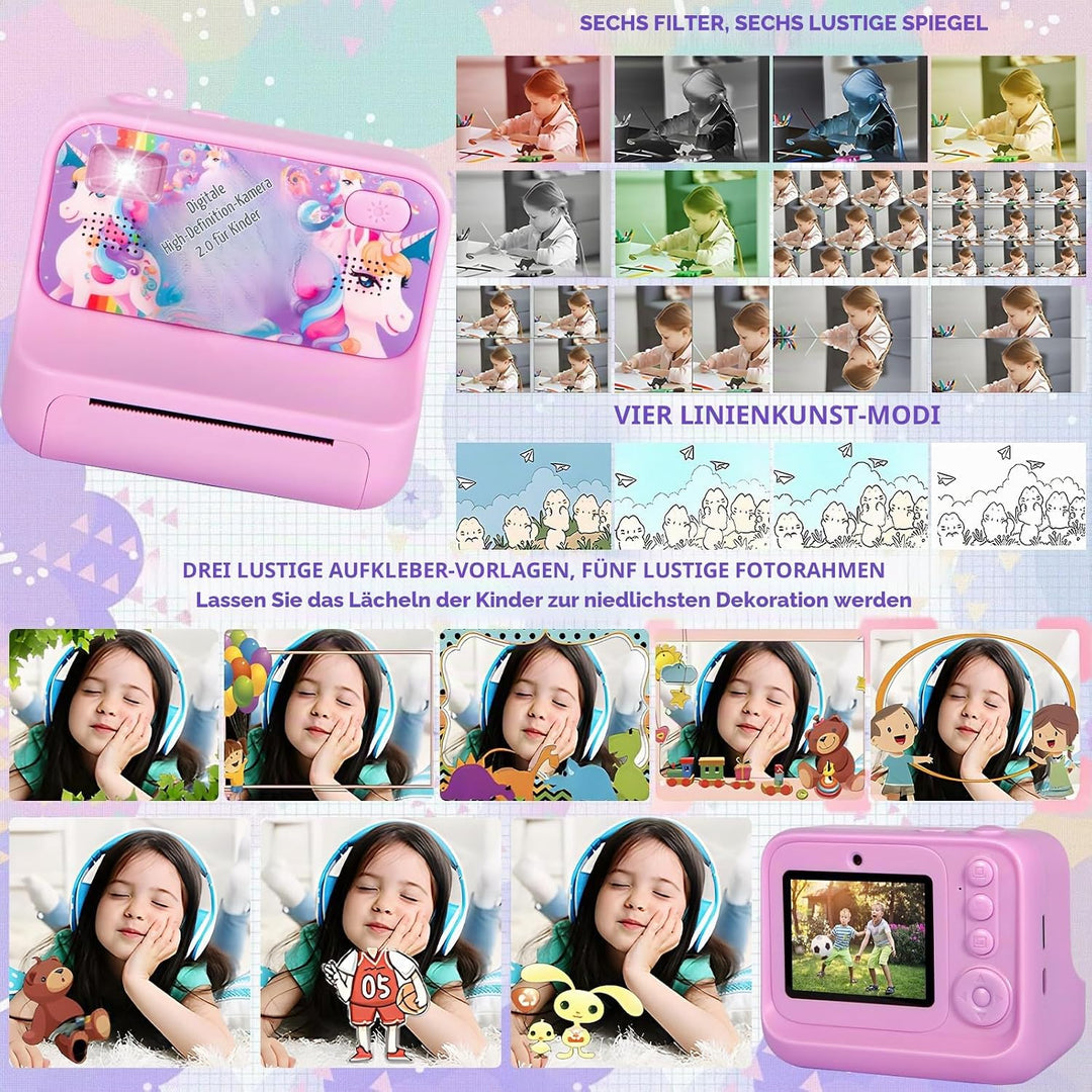 Sofortbildkamera Kinder, 1080P HD Sofortdruck von Fotos, 2,4 Zoll Bildschirm Kinderkamera Sofortbild