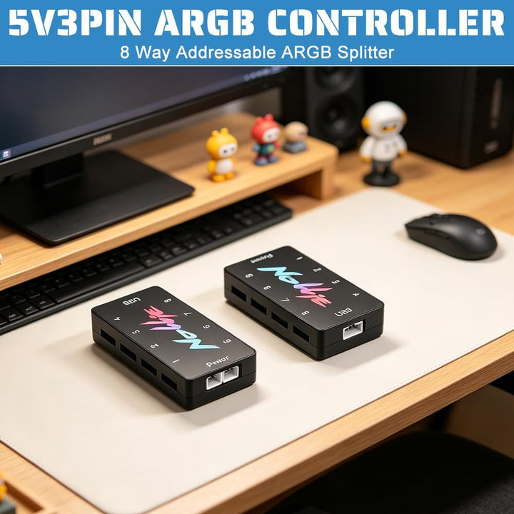 ARGB Controller, HOVCEH 5V 3PIN RGB Controller, PC Fan Hub mit 2 SATA Power 8 Port, RISC-V-Kernproze