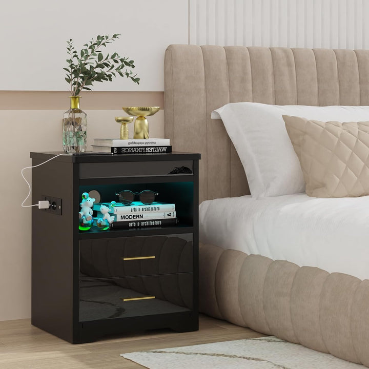 PIPIPOXER LED Nachttisch mit Steckdose, Nachttisch in Schwarz mit grossen Stauraum, Nachtschrank Led