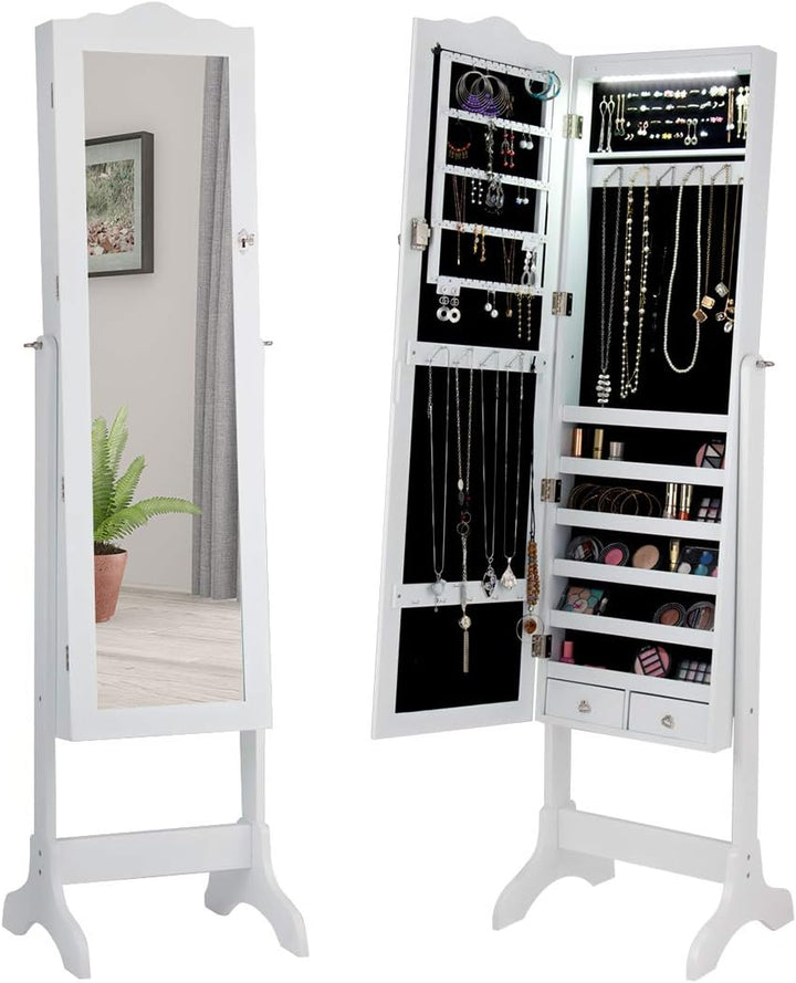 DREAMADE Schmuckschrank mit 14 LED Leuchten, abschliessbares Schmuckregal mit Ganzkörperspiegel, fre