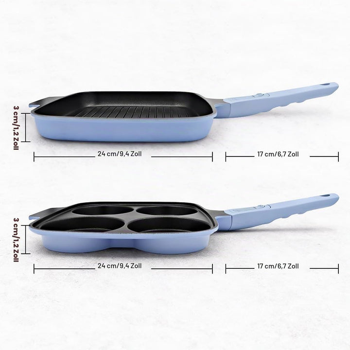 Pfannenset 2-teilig, Spiegeleipfanne mit Deckel 4 Loch + Grillpfanne Induktion 26 x 24 cm, Abnehmbar
