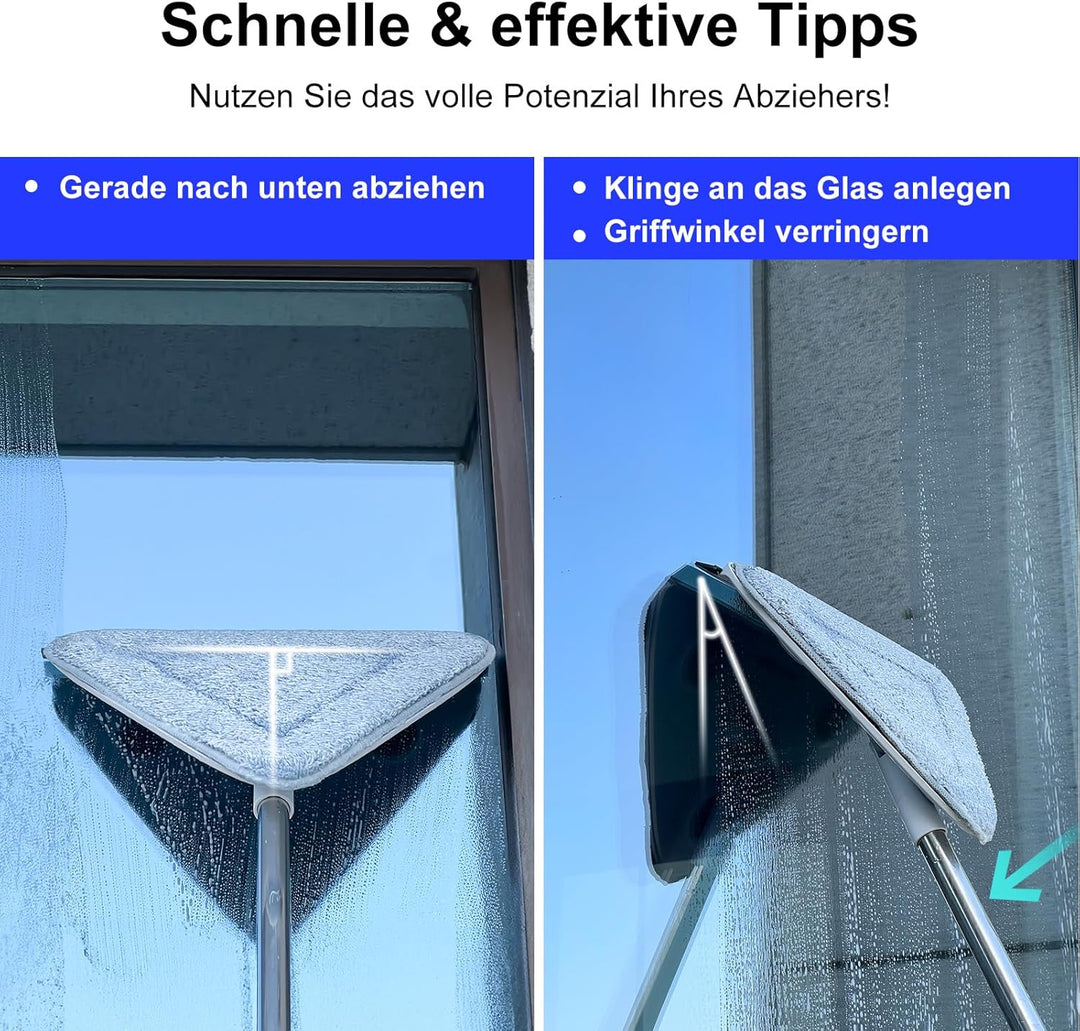 CTIME 3-in-1 Fensterreiniger mit 360° drehbarem Dreieckkopf & Teleskopstiel (200 cm) – Fensterabzieh