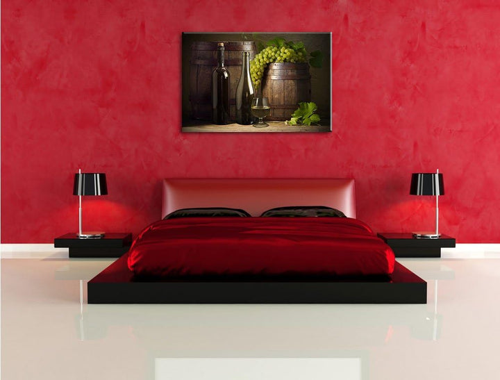 Pixxprint Fässer mit Weintrauben und Wein als Leinwandbild/Grösse: 100x70 cm/Wandbild/Kunstdruck/fer