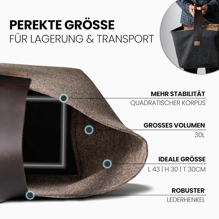 Designer Kaminholzkorb Filz [40L] - Made in Germany Holzkorb für Kaminholz aus Wollfilz mit Echtlede