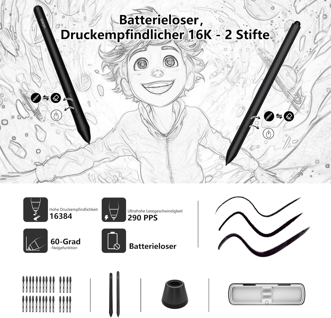 Grafiktablett mit Display mit 16384 Ebenen VEIKK Studio 16, 15,6 Zoll Drawing Tablet mit Display hat