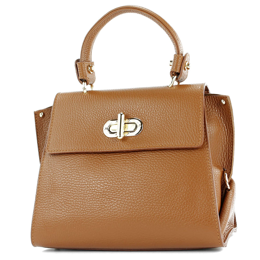 modamoda de - T182 - ital. Damen Henkeltasche Klein Leder Cognac, Cognac