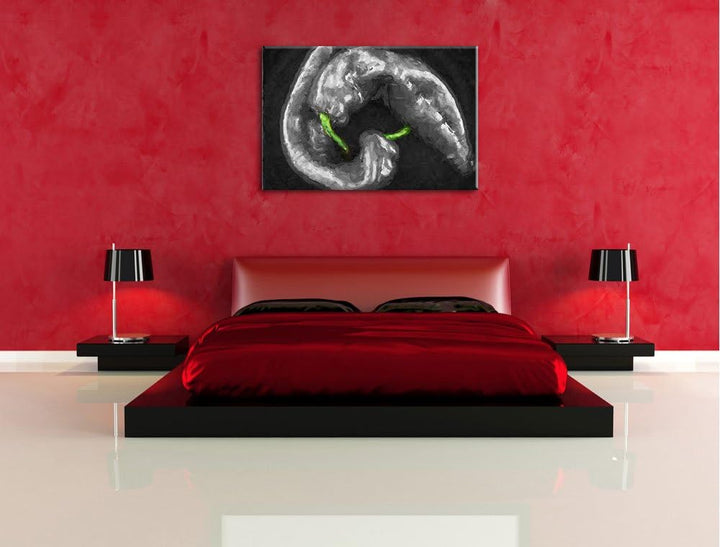 appetitliche scharfe Chilischoten schwarz/weiss Deluxe Format: 100x70 cm auf Leinwand, XXL riesige B