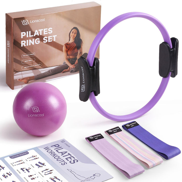 LIONSCOOL Pilates-Ring-Set – 14“/35cm Magic Circle mit Doppelgriffen – Inkl. platzfestem Miniball, W