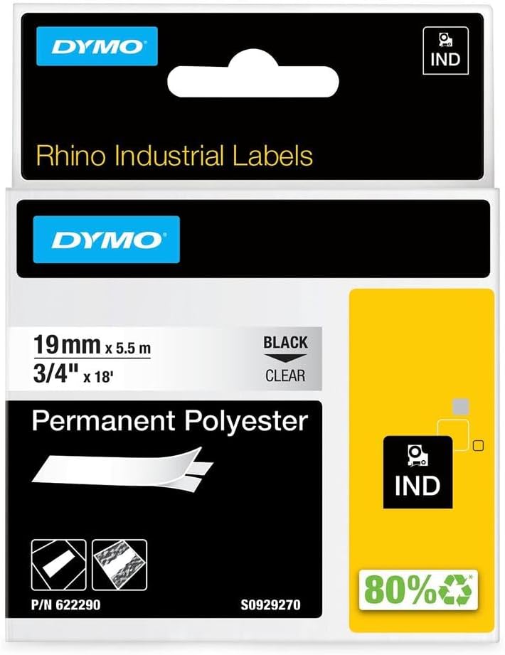 DYMO Rhino Industrie Permanente Polyesteretiketten | 19 mm x 5,5 m | Schwarz auf Transparent | selbs