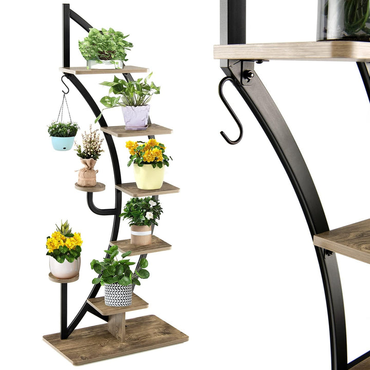 RELAX4LIFE Pflanzenständer Halbmondförmig, 6-Stufiges Blumenregal mit Ablagen Haken, Blumenständer m