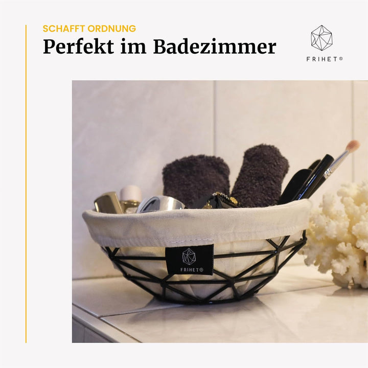 FRIHET 2-in-1 Brotkorb modern | Obstschale | Metall | 2er Set | waschbare Einlage aus 100% Baumwolle