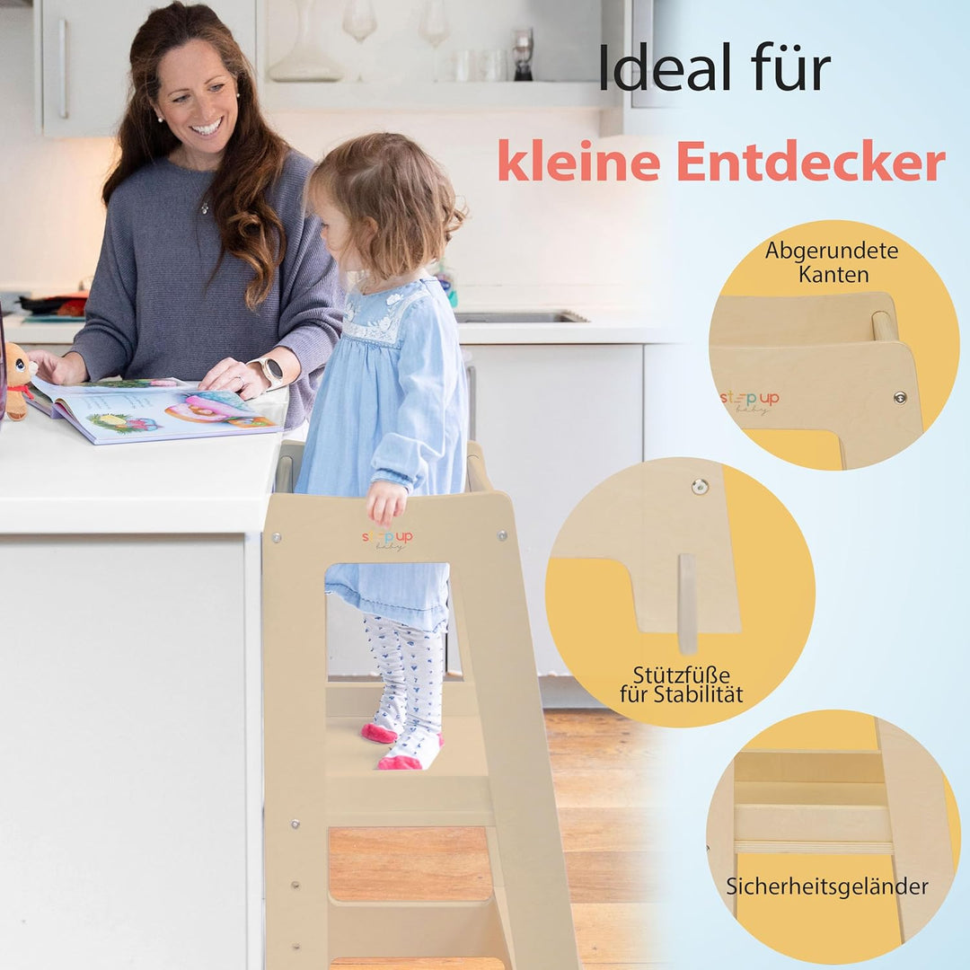 Stepup Baby Montessori Lernturm ab 1 Jahr Höhenverstellbar Tritthocker Kinder mit Sicherheitsgelände