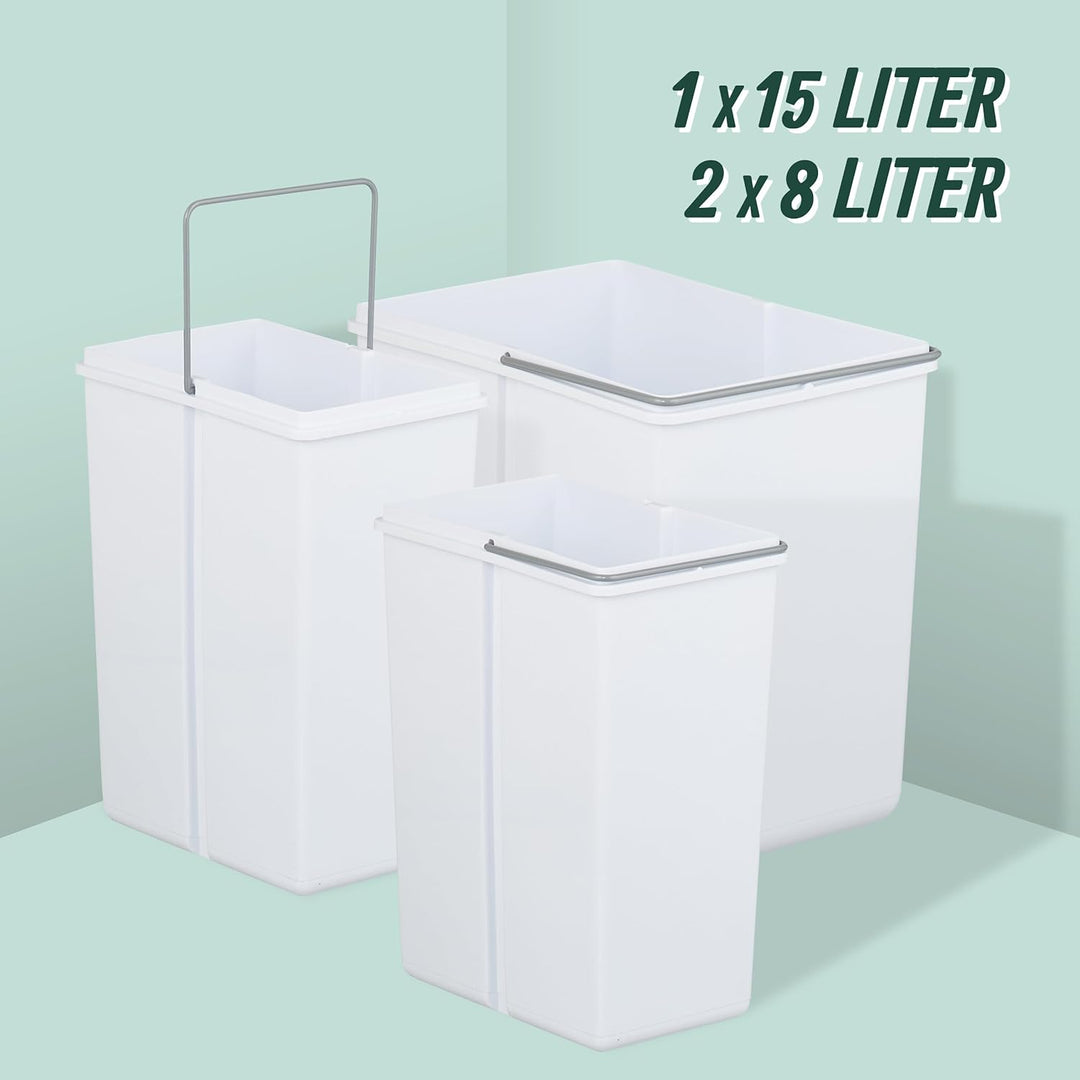 Relaxdays Einbaumülleimer, 3 Fächer, 15l & 8l, HBT: 35,1x34,3x48 cm, ausziehbar, Mülltrennsystem für