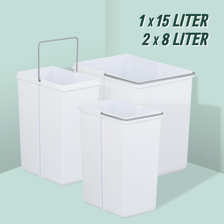 Relaxdays Einbaumülleimer, 3 Fächer, 15l & 8l, HBT: 35,1x34,3x48 cm, ausziehbar, Mülltrennsystem für