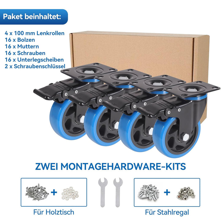 BAOLIHUI 100mm Blau Schwerlastrollen - 4er Set Lenkrollen mit Bremsen bis 600KG inkl. Montagezubehör