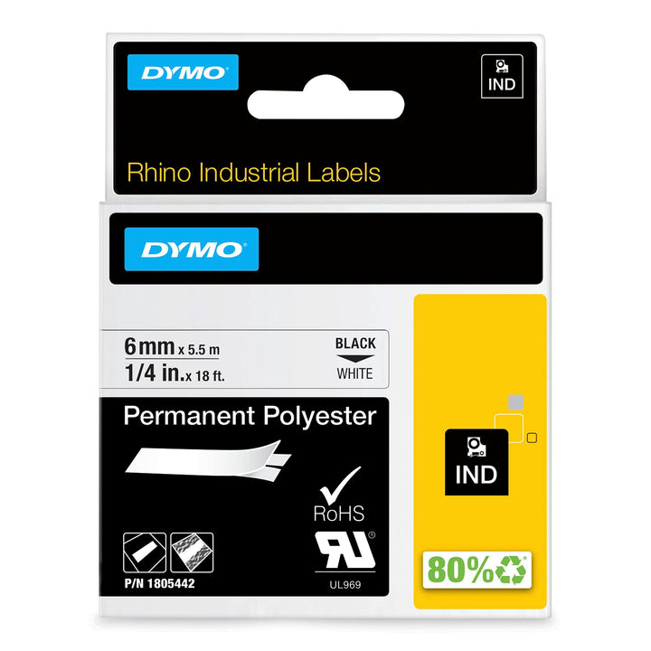DYMO Rhino Industrie Permanente Polyesteretiketten | 6 mm x 5,5 m | Schwarz auf Weiss | selbstkleben