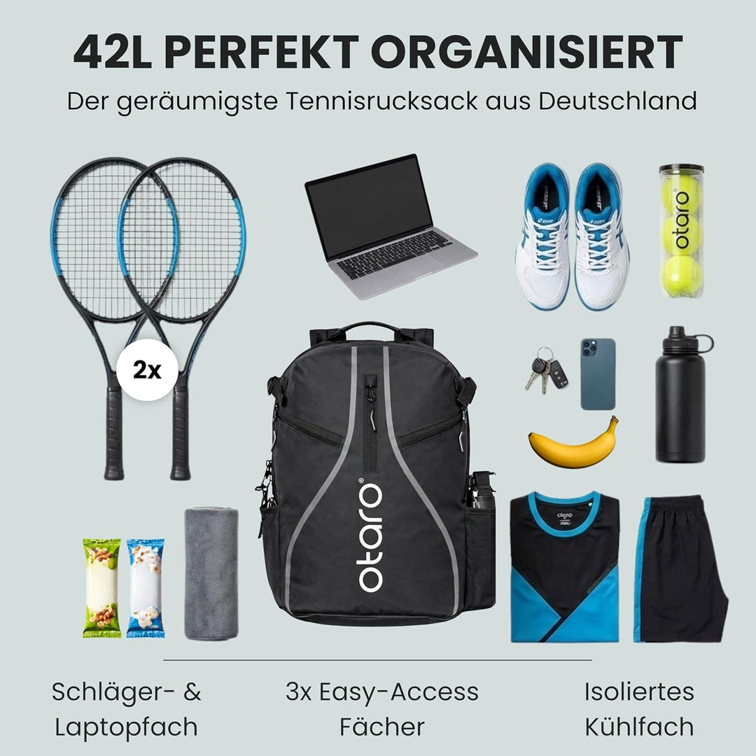 Otaro Tennisrucksack mit Schuhfach (Für 2 Tennisschläger) Inkl. Separierten Schuhfach & Schlägerschu