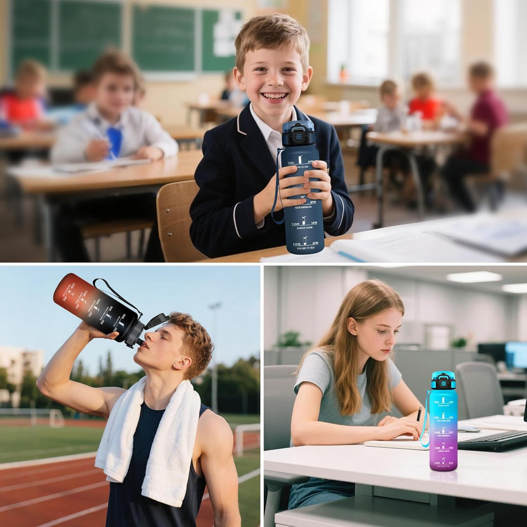 HoneyHolly Trinkflasche 1L, Zeitmarkierung, Wasserflasche, Auslaufsicher, Trinkflasche Sport, Wieder