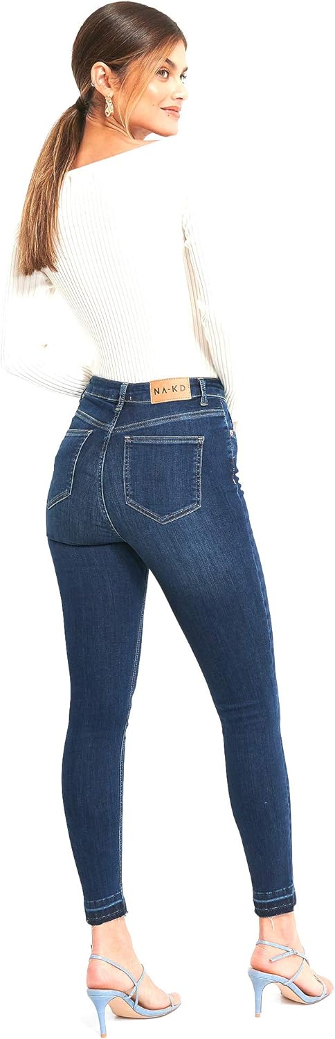 NA-KD Damen Skinny High Waist Open Hem Jeans, dunkelblau, 32 EU