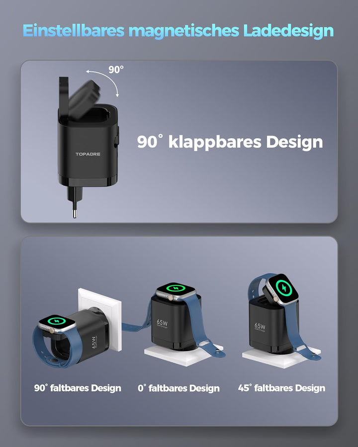 Einziehbares 65W USB C ladegerät mit Kabeln für Apple Watch, 4-Port GaN USB C Ladegerät Netzteil mit