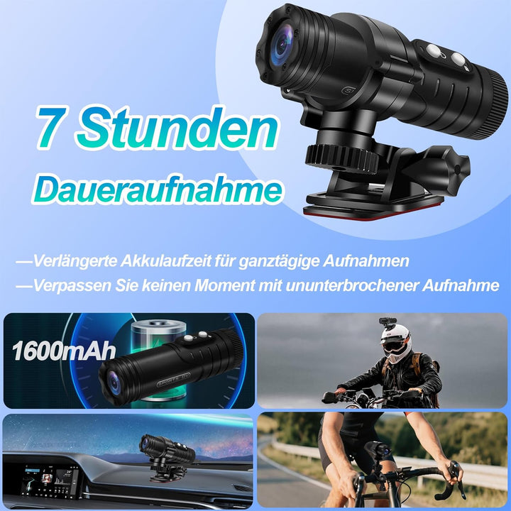 Helmkamera, WiFi-gyrostabilisiert Action Cam Motorrad, 7-Stunden-Aufnahmezeit 1080P HD &amp; 120° Ultra-