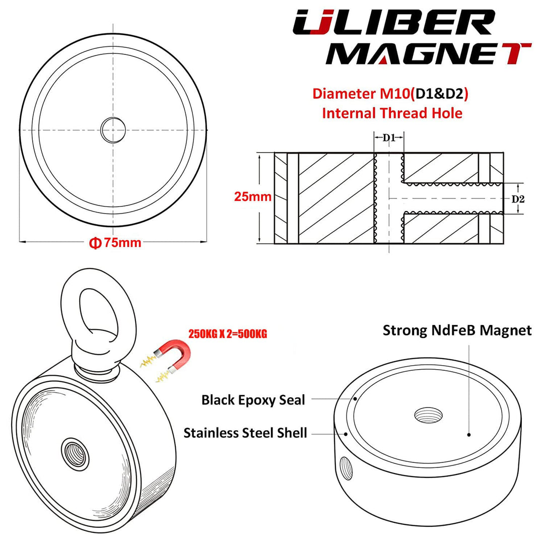 ULIBERMAGNET Super Starke Doppelseitige Angelmagnete kombiniert 500kg N52 Neodym Magnet Angelset mit