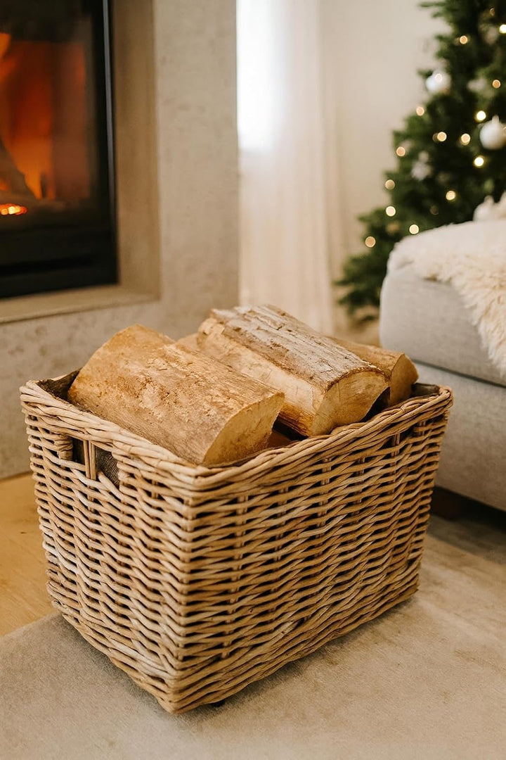 Kobolo Kaminholzwagen für Kaminholz mit Rollen Rattan - Innenfutter aus dunklem Stoff