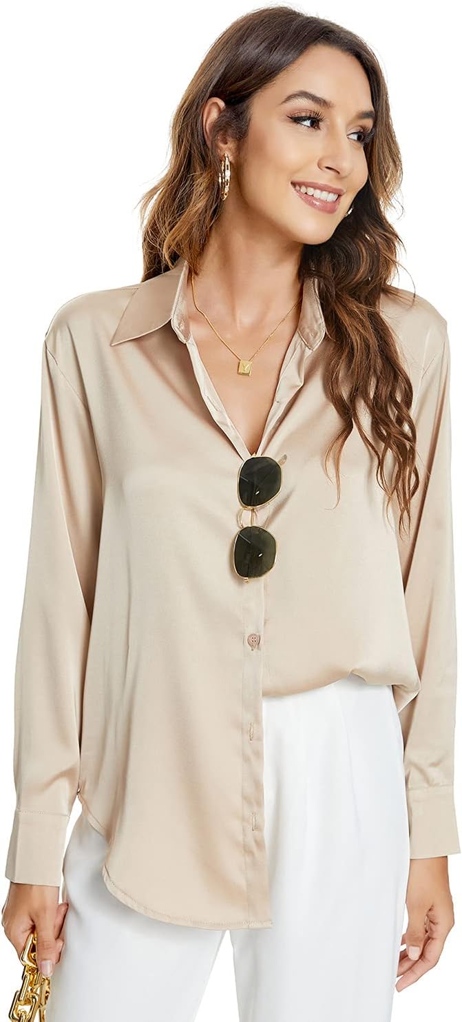 Atnlewhi Damen Bluse Langarm Knöpfen Satin Seide Hemden Basic Kent Kragen Arbeit Büro Formelle Casua