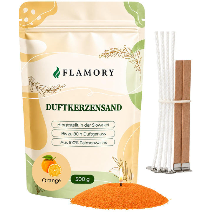 Kerzensand mit Duft 500g – Duftkerzensand [Orange] – 6 Dochte inklusive – 100% Pflanzenwachs, russar