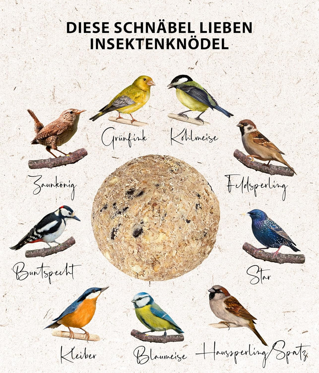 Dehner Natura Wildvogelfutter, Meisenknödel, Insekten-Knödel, ohne Netz, 100 Stück je 90 Gramm (9 kg