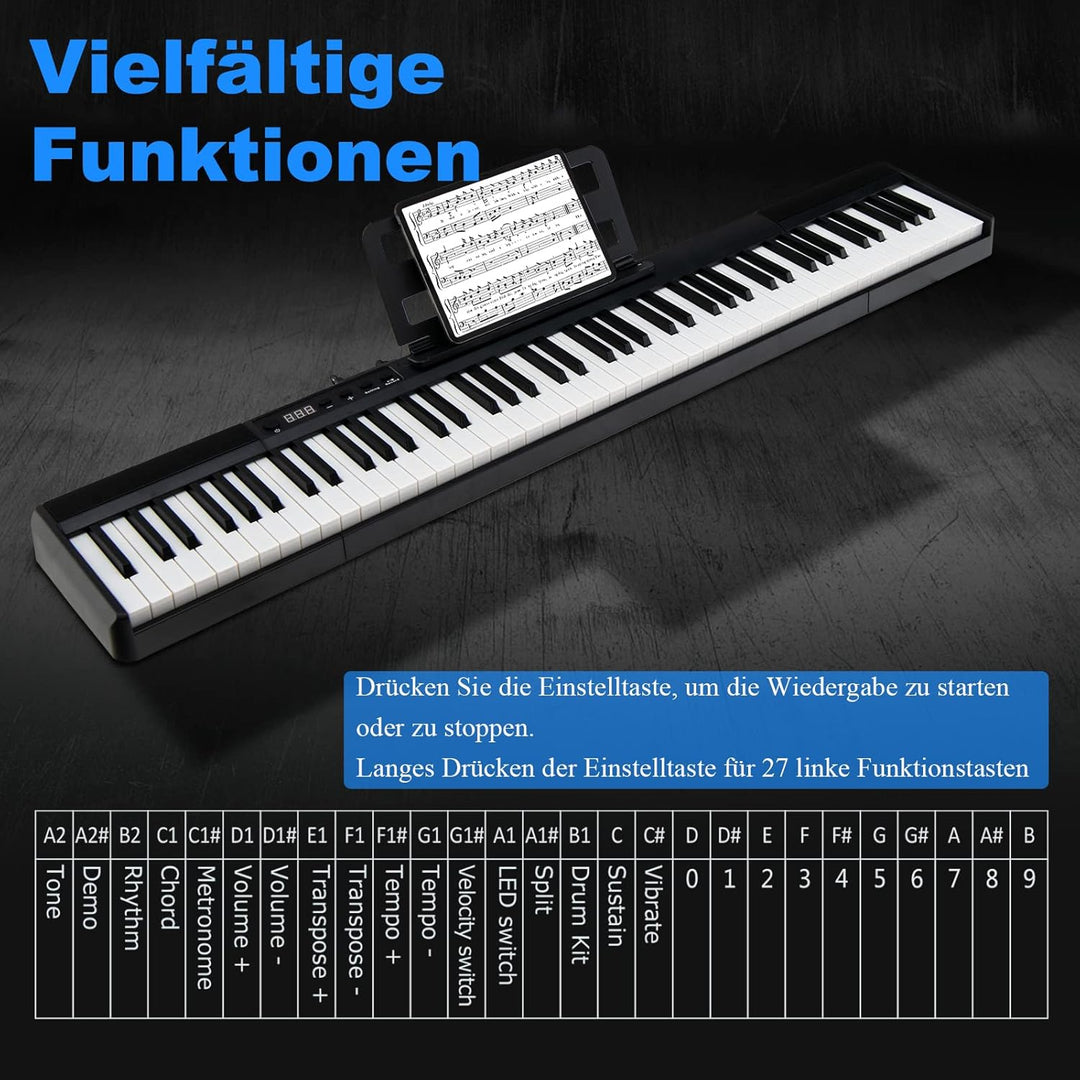 DREAMADE Digital Piano 88 Tasten, Tragbares Keyboard mit Subtain Pedal & 2 Musiknotenhaltern, E Pian