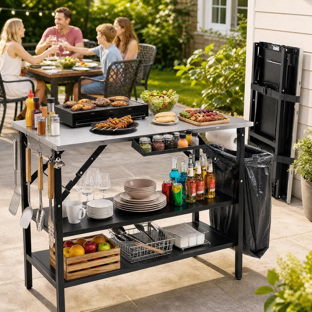 COSTWAY Grilltisch Outdoor Klappbar, Campingtisch, Klapptisch 2 Ablagen, 2 Ablagen