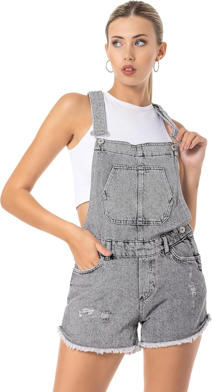 Red Bridge Damen Shorts Kurze Hose Overall Latzhose Jeanshose 31W Grau, 31W Grau